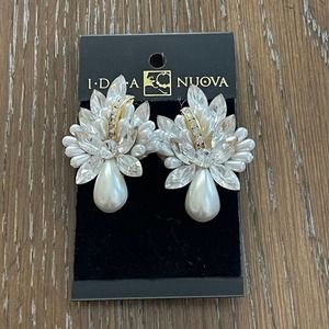 Clip On Earrings Beaded Jeweled White 2" NEW